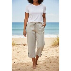 Womens 100% Linen Capri Pants Tan Sz 18 Coastal Vacation Beachy Resort